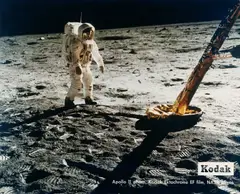 Neil Armstrong, Apollo 11: Buzz Aldrin beside the Lunar Module Eagle, July 1969, 1969, Dye transfer print, flush-mounted on strong cardboard, in good condition. Kodak logo and text insert "Apollo 11 photo Kodak Ektachrome EF film NASA photo" in white letters in the lower image, stamp "D