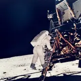 Neil Armstrong, Apollo 11: Buzz Aldrin descends the steps of the Eagle, July 1969, 1969, Chromogenic vintage print on Kodak paper