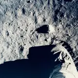 Edwin E. Aldrin Jr., Apollo 11: Buzz Aldrin plants his boot in the moon's soil, July 1969, 1969, Chromogenic vintage print on Kodak paper