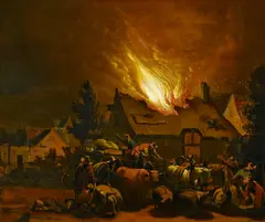 Egbert van der Poel, Brennender Bauernhof, Öl auf Holz