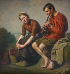 Hermann Knopf, Holländisches Paar beim Flötenspiel, Öl auf Leinwand