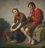 Hermann Knopf, Holländisches Paar beim Flötenspiel, Öl auf Leinwand