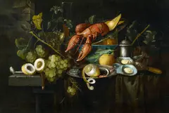 Michiel (II) Simons, Stillleben mit Hummer, Früchten und Austern, Öl auf Leinwand