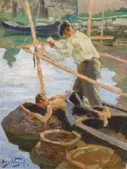 Hugo Vogel, Aalfischer, Öl auf Karton