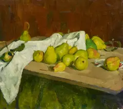 Albert Berger, Stillleben mit Birnen auf einer Tischplatte, Öl auf Leinwand
