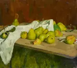 Albert Berger, Stillleben mit Birnen auf einer Tischplatte, Öl auf Leinwand