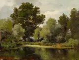 Adolf Dressler, Bewaldete Teichlandschaft, Öl auf Holz
