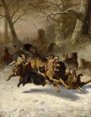 Bernard te Gempt, Große Wolfsjagd im Winter, Öl auf Leinwand
