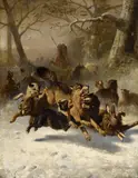 Bernard te Gempt, Große Wolfsjagd im Winter, Öl auf Leinwand