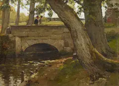 Paul Lecomte, Bachlauf mit steinerner Brücke, Öl auf Karton