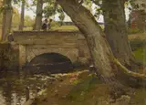Paul Lecomte, Bachlauf mit steinerner Brücke, Öl auf Karton