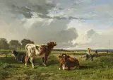 Félix Brissot de Warville, Weidelandschaft mit Hirten und Vieh bei aufziehendem Gewitter, Öl auf Holz