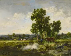 Paul Vernon, Vieh an der Flusstränke, Öl auf Holz