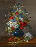 Eugène Henri Cauchois, Sommerstrauss in einer bauchigen, bronzemontierten Glasvase, Öl auf Leinwand