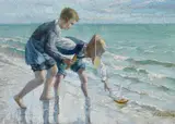 Emile Vernon, Spielende Knaben am Strand, Öl auf Holz
