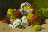Georges Jeannin, Strauß mit Chrysanthemen und Rosen, Öl auf Leinwand