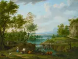 Hendrik-Jozef Antonissen, Weite Flusslandschaft mit Reitern und Hirten mit ihrem Vieh, Öl auf Holz