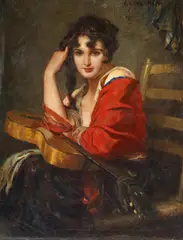 Leopold Schmutzler, Porträt einer jungen Dame mit Gitarre, Öl auf Leinwand