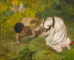 Carl Plückebaum, Kinder am Waldbach, Öl auf Holz