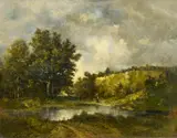 Léon Richet, Reisigsammlerin am Waldsee, Öl auf Holz