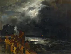 Oswald Achenbach, Fischer am nächtlichen Strand bei Neapel, Öl auf Holz
