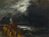 Oswald Achenbach, Fischer am nächtlichen Strand bei Neapel, Öl auf Holz