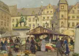 Heinrich Hermanns, Marktstände in Düsseldorf unterhalb des Reiterdenkmals des Jan Wellem