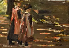 Max Liebermann, Zwei gehende Mädchen - Studie zum "Schulgang in Laren", Öl auf Papier