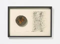 Kunstpranger by Günther Uecker, Auflagenobjekt mit einer Zeichnung, einer benagelten Baumscheibe mit Leim und Asche sowie einem Katalog, sold Jun 2016