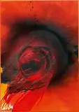 Otto Piene, "Der Vogel brennt", Mischtechnik (Feuergouache) auf Papiercollage (zwei Kartons mit Klammern im oberen Randbereich auf rotem Tonkarton montiert)