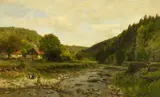 Carl Irmer, Bewaldete Flusslandschaft, Kinder am Ufer, Öl auf Leinwand