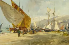 Albert Kappis, Anlandende Fischerboote und Segler in der Bucht von Triest, Öl auf Leinwand