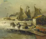 Andreas Achenbach, Heimkehrende Fischer an der Mole, Öl auf Leinwand
