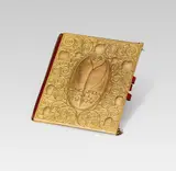 Josef Hoffmann, Concordiaball 1909, brass, gold-plated, leather; coloured marbled paper on the inside, dance card; marked: "WIENER WERKSTÄTTE"