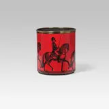 Waste paper bin by Piero Fornasetti, sheet metal and brass, red painted, lithographed decor in black; indicated: "Fornasetti Milano / Made in Italy", sold Nov 2015