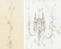Dagobert Peche, 2 sketches, pencil on paper; chalk and watercolour on paper