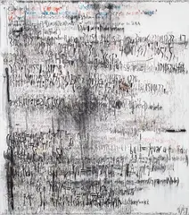 Despina Stokou, 12/14/13, 2014, oil, spray paint, marker, oil crayon, charcoal, pastel chalk and collage on canvas