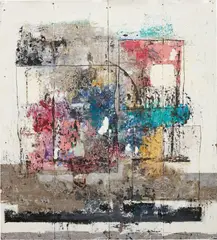 Hugo McCloud, Cover Story, 2014, aluminum coating, oil on tar, mounted on wood with block print