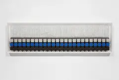 Jesús Rafael Soto, Cuadrados y escritura blanca, 1979, acrylic on wood, painted metal, metal rod construction and nylon string