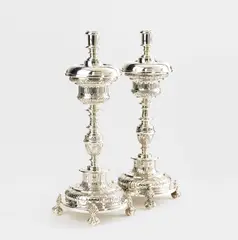 Odilón Marmolejo, Candelabros, 2016, silver with embossing and sgraffito
