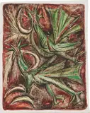 Luis Martínez Pedro, Cuatro lunas y dos pájaros verdes, 1946, gouache on paper
