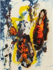 Korakrit Arunanondchai, Untitled, 2013, acrylic, denim, inkjet print, canvas and DVDs