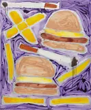 Katherine Bernhardt, Hamburgers French Fries + Cigarettes, 2014, acrylic and spraypaint on canvas