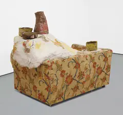 Loveseat and Bowls by Jessica Jackson Hutchins, 2008, loveseat, plaster, fabric, and ceramics, offered Sep 2016