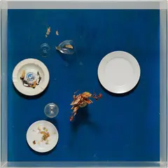 Tableau Piège by Daniel Spoerri, 1972, assemblage of tableware, dried flowers, cigarettes and adhesive on painted wood, sold Sep 2016
