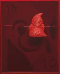 Ruby Demise (13 Lives) by Brian Kokoska, 2014, acrylic on paper, painted figurine, gimp, in artist's frame, offered Sep 2016
