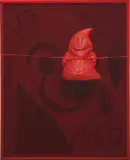 Brian Kokoska, Ruby Demise (13 Lives), 2014, acrylic on paper, painted figurine, gimp, in artist's frame