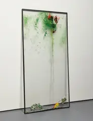 Jack Lavender, Walking Home 8, 2014, glass, Cortrex board, incense stick, paper, sand, dirt, glass marble, shells, stickers, spray paint and lichen