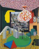 Enter Goldfish by Shara Hughes, 2007, oil, acrylic, enamel, paint pens and plastic paper on canvas, sold Sep 2016