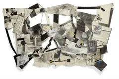 Cullen Washington Jr., Space Notation 2, 2014, canvas, tape, acrylic gel, acrylic, string, paper, plastic filter, reflective paper and wire